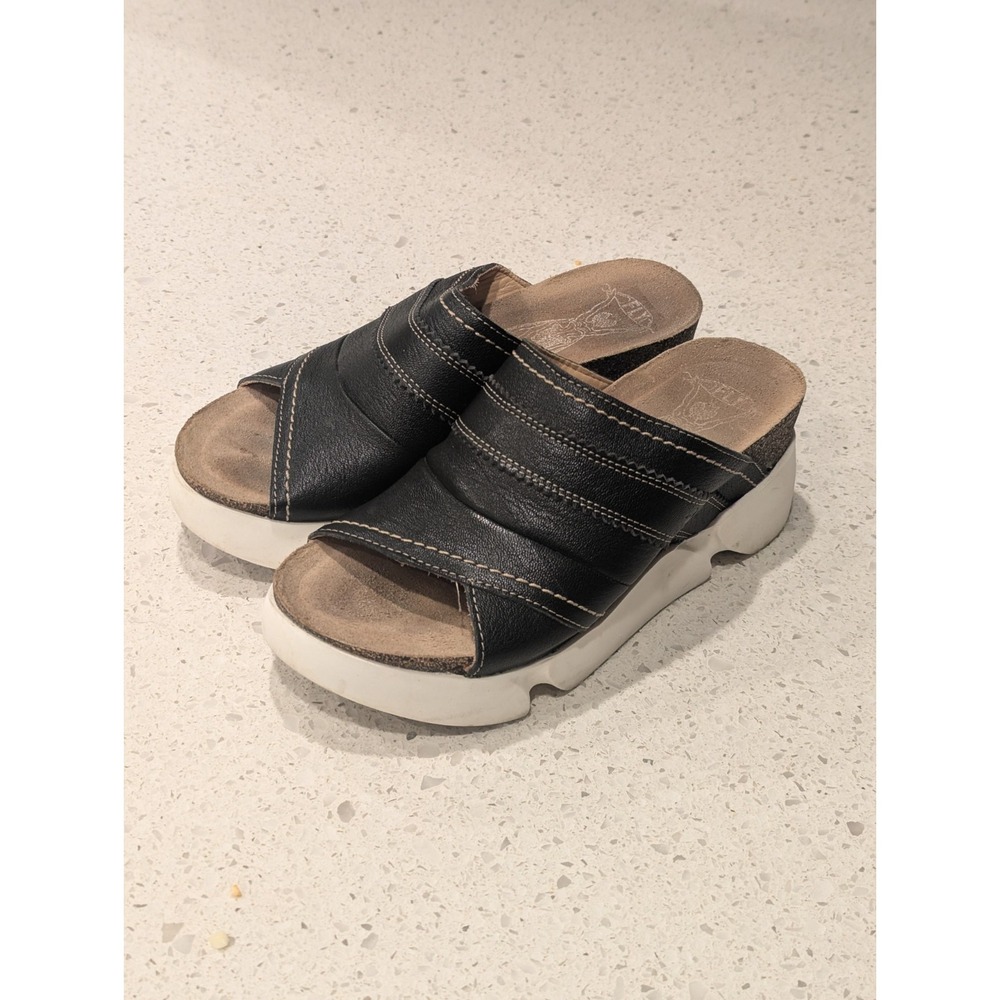 Fly London‎ Womens Black Slip On Leather Open Toe SIVE Sandals 38 EU 8 US Wedge
